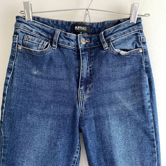 BUFFALO David Bitton Semi High Rise Slim Straight Dark Wash Distressed Hem Jeans - Picture 2 of 13